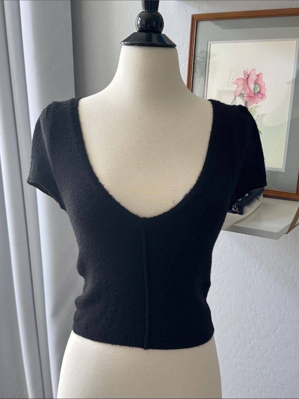 Free People Black Deep V Short Sleeve Women's Top XSmall